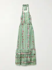 [Agua by Agua Bendita] Agua by Agua Bendita - Magnolia Honeysuckle Tiered Embroidered Floral-print Linen And Silk-blend Halterneck Maxi Dress - Green - small small Green