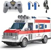 Spobot Remote Control Ambulance 2.4G RC Car Aid Truck Toy Model with Flashing Lights Sound Friction Powered Emergency Rescue Electric Vehicle Playsets Cars for Kids Toy