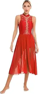 [Yhong] Women Sparkly Rhinestone Lyrical Dance Dress Sleeveless Ballet Dancewear Modern Contemporary Costume