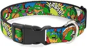 Dog Collar Plastic Clip Ninja Turtles Action Poses Action Bubbles Dots Blues 16 to 23 Inches 1.5 Inch Wide