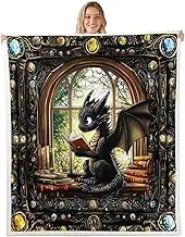 Manfei Cartoon Dragon Kids Throw Blanket,Reading Book Bookshelf Trippy Girls Boys Bed Blanket,Geometric Patchwork Vintage Black Noble Chic Fuzzy Blanket,Queen Size (90 x 90 Inches)