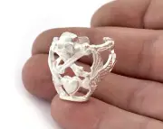 Skull Heart Adjustable Ring Shiny Silver Plated Brass (19mm 9US inner size) 3346