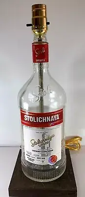 Stolichnaya Large 1.75L Liquor Bar Bottle Lounge TABLE LAMP Light w/ Wood Base
