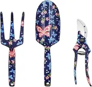 Contech Pack of 3 Butterfly Floral Printed Garden Tool Set - Pruning Shears, Hand Rake, Hand Trowel, Suitable for Outdoor Gardening Planting, Garden Gift for Mum and Daughter