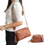 Womens Crossbody Bag with Triple Zipper - PU Leather Shoulder Bag with Adjustable Guitar Strap-Brown