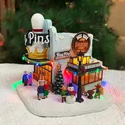 [MOMENTS IN TIME] Christmas Village Building, King Pins Bowling Alley and Boss Hogg Barbeque Joint with LED Lights and Christmas Music - Battery Operated (not Included) (8.4" H x 9.25" W x 8.6" D)