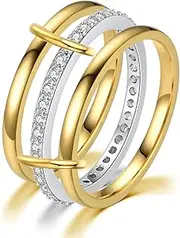 [GEMOSA] Stackable Rings for Women 14K Gold and White Gold, 3PCS 2mm Dainty Band Spinelli Ring Set, Stainless Steel and Brass, Cubic Zirconia Accent, Size 5-10