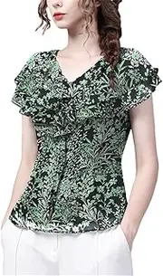 [Generic] Women Printed Short Sleeve Chiffon Blouse Summer V-Neck Slim Ruffles Tops