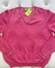 New ETRO Milano Pullover Lana Wool Knit Logo V neck Pink Sweater Size XL