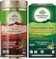 Green Velly Organic Tulsi Masala Chai 100 GM Tin & Green Velly Organic Tulsi Green - 25 x 1.8g Tea Bags (Lemon Ginger)