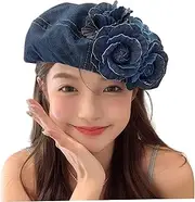 [AZIDWERYQ] Beret Hats for Women Average Size Denim Beret Hat with Flower Decor Easy Matching Dark Blue Hat for Spring, Camping, Fall, Festival, Photo