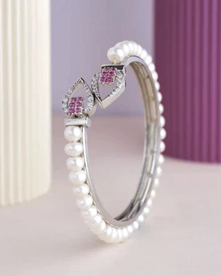 Elegant White Pearl, Sapphire & Diamond 14K White Gold Over Bangle Bracelet 7.5"