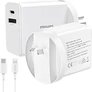 [Philips] USB A + PD Wall Charger 30W Dual Port Type C Fast Charging| USB C Wall Plug Adapter | SAA Approved| Australia Standard| Compatible with iPhone 16/15/14 & Samsung (White, 30W with L Cable)