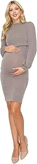 [My Bump] Women's Casual Breastfeeding Maternity Pregnancy Long Puff Sleeve Mock Neck Dress W/Side Ruched (Made in USA)