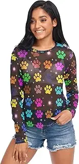 [RPLIFE] Colorful Animal Paw Prints Womens Mesh Long Sleeve Top, Sheer Rave Top S-XXL