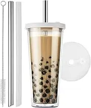 HAUNDRY Reusable Iced Coffee Cup (24 Oz/Venti), Leak Proof and Double Wall Insulated Bubble Tea Tumbler, Come with Reusable Plastic and Metal Straws and Straw Cleaner