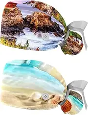 [WOSHJIUK] Working Hat 2 Pack Scrub Caps for Women,Seaside Plant Lighthouse,Tie Back Cap Adjustable Scrub Hat