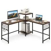 Giantex 240cm L-shaped Computer Desk Convertible Gaming Table w/Printer Stand Industrial Workstation Rustic Brown