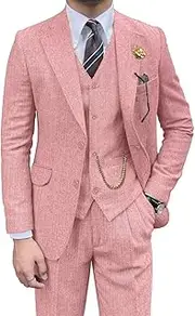 [Pyiuhs] Retro Mens 3 Piece Suit Tweed Herringbone Slim Fit Suits Groomsmen Brown Tuxedos Set Prom Jacket Blazer Vest Pants for Men