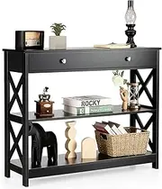 Giantex 3-Tier Console Table, Sofa Table with 1 Drawer and 2 Storage Shelves, Entryway Table with X-Design for Hallway, Living Room and Entryway, Black