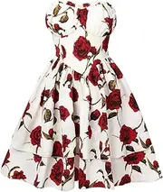 [AstralElegance] Floral Strapless Dress, Red Rose Print, White Smocked Bodice, Layered Skirt