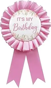 [WOWOPA] It's My Birthday Tinplate Badge Pin, Happy Birthday Pink Leaves Pattern Pink Corsage Button for Women Girl Birthday Award Ribbon Party Decorations, Plastic, no gemstone