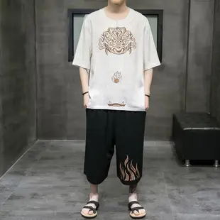 亞麻t恤男夏季薄款冰絲短袖中國風套裝棉麻半袖潮牌刺繡男裝上衣