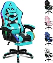 ALFORDSON Gaming Office Chair with 12 RGB LED Lights & 8 Point Massage, Racing Computer Chair with Lumbar Support & Retractable Footrest, Ergonomic Desk Chair with PU Leather Seat Gamer (Cyan Black)