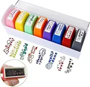 8 Pcs Teacher Stamps Set, Gifts for Men Women, Classroom Supplies, Appreciation Gift, Self Inking Stamps for Homework Reward With Storage Tray (Review Stamp)