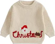 [MAHUAOYIXI] Christmas Outfit Newborn Infant Boys Girls Christmas Clothes Letter Santa Embroidery Christmas Sweater Sweatshirt Knitted Pullover Jumper Top Winter Chunky Knitwear