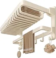Towel Rack, Stainless Steel Bathroom Towel Rail with Towel Bar and Hooks, Foldable Wall-Mounted Self Adhesive Shower Shelf Organizer, Bath Towel Storage Shelf-White