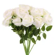 12 Pcs Yellow white Roses Artificial Flowers, Velvet Rose with Stems