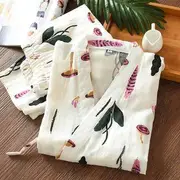 Pajama Set: Printed 3/4-Sleeve Kimono Top + Pants (Various Designs) Fruit - White - L