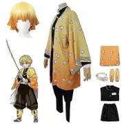 Anime Demon Slayer Agatsuma Zenitsu Cosplay Costume Kimono Cloak Outfits Halloween Masquerade Costume Set Outfits with Wig One Size - Wig