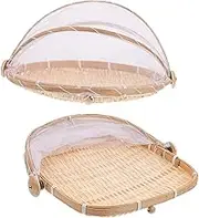 VINTORKY 2Pcs Decorative Bamboo Baskets with Mesh Cover Household Storage Bins for Fruits Vegetables Woven Bamboo Dustpan Baskets