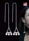 Women 925 Sterling Silver Earrings Triangle Pearls Threader Ear Chain 1986