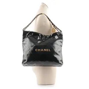 【CHANEL 香奈兒】新款22 Bag 金字菱格紋亮面小牛皮小款肩背包(黑色)/ 平行輸入