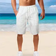Men's Quick Dry Cotton Linen Shorts Summer Breathable Stripe Casual Gym Running Cargo Pocket Beach Five-point Pants Ligh