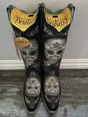 Corral Ladies White Floral Skull & Studs Black Leather Western Boots Size 6 New
