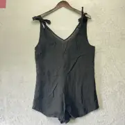 NWT For days Womens Romper Sz M 100% Linen Black Oversized V Neck Tie Shoulder