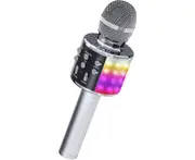 Karaoke Microphone (Silver)for Kids, Wireless Bluetooth Karaoke Microphone with LED Lights, Portable Handheld Mic Speaker Machine, Great Gifts Toys fo