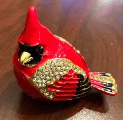 Jeweled Hinged Trinket Box Enameled Red Cardinal Bird Jewelry Box Rhinestone NEW
