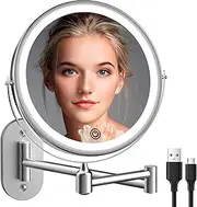 Rechargeable Wall Mounted Lighted Makeup Vanity Mirror 8 inch 1X/10X Magnifying Bathroom Mirror with 3 Color Lights, Double Sided with Dimmable LED Lights, Extended Arm 360° Swivel Extension Mirror