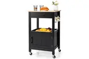Giantex Kitchen Island Cart on Wheels w/Rubber Wood Top & Drawer Storage Cart Trolley Utility Buffet Cabinet Black