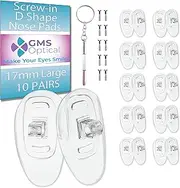 GMS Optical 17mm Large Length/6mm Wide - D Shape Screw-in Soft Silicone Eyeglass Nose Pads - Eyeglass Repair Kit with Screws and Screw Driver, Anti-Slip Nose Pads for Glasses, (10 Pair)