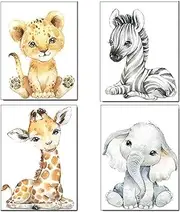 Baby Watercolor Animals Wall Art Prints Set of 4 (8x10,Unframed),Tiger Elephant Zebra Giraffe Safari Animals Pictures Nursery Decor Art