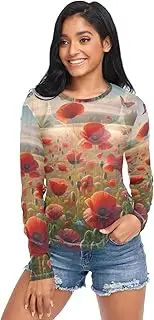[RPLIFE] Poppy Flowers Mesh Sleeve Top, Long Sleeve Sheer Top S-XXL