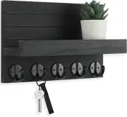 Wall Key Holder with Shelf Wooden Mail Organizer Hooks for Bags Coats Umbrella