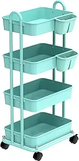 SimpleHouseware 4-Tier Rolling Utility Cart with Basket Dividers and Hanging Buckets, Turquoise