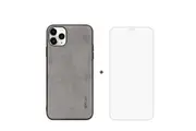 For iPhone 11 Pro Case Fabric Texture Grey & Tempered Glass Screen Protector